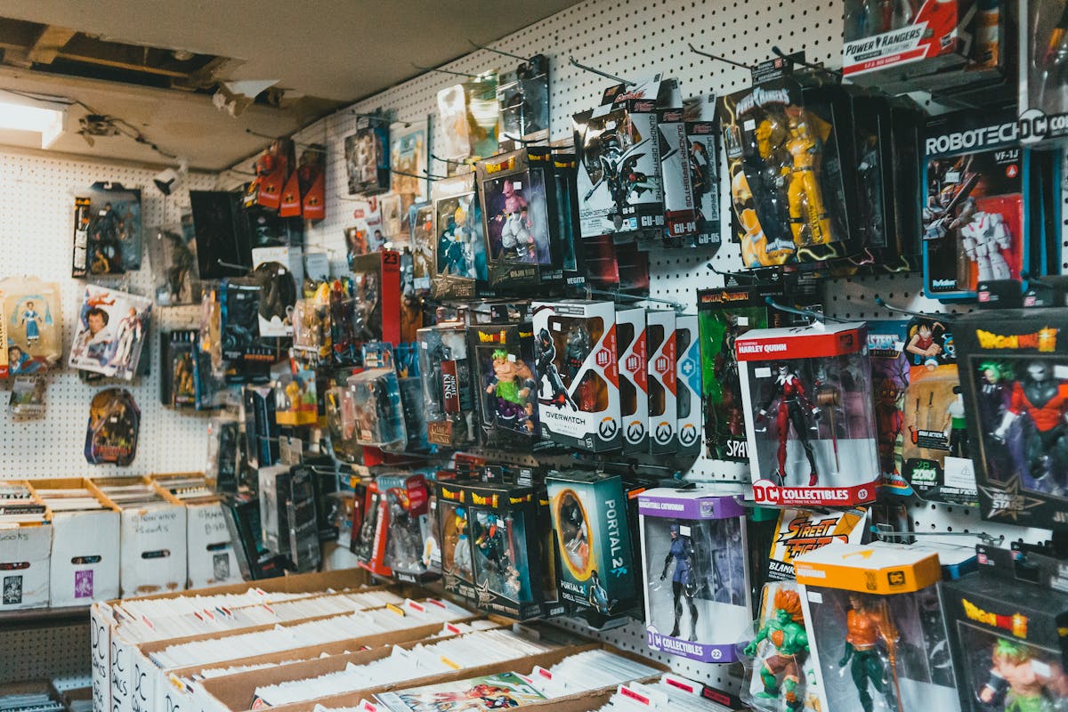 Tabletop gaming store interior with organised shelves